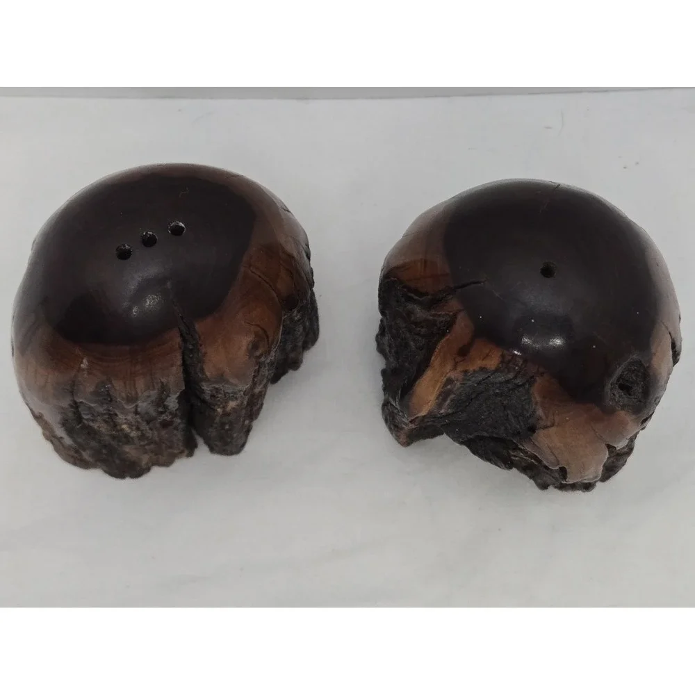 Vtg Handcrafted MCM California Redwood Tree Bark Live-Edge Salt/Pepper Shakers